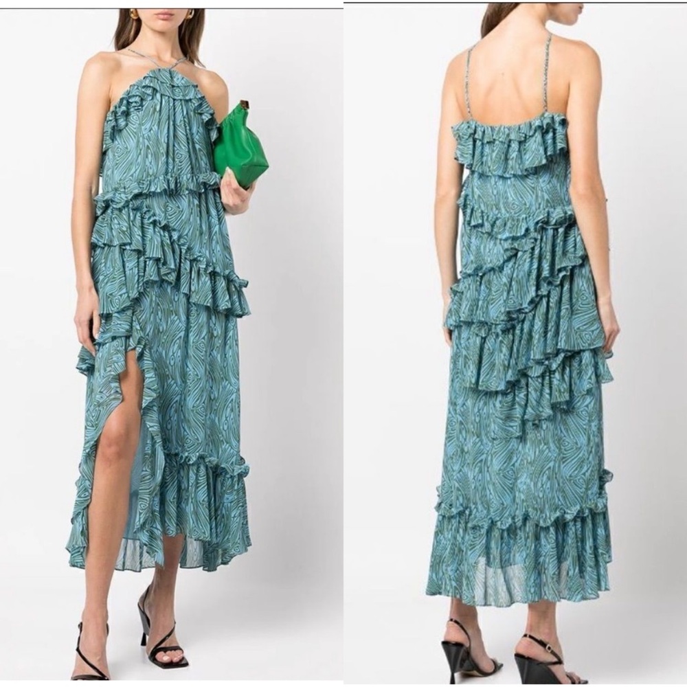 Cinq a Sept Dress Rayner Midi Halter Womens Size 00 Blue Print Tiered Ruffle NEW